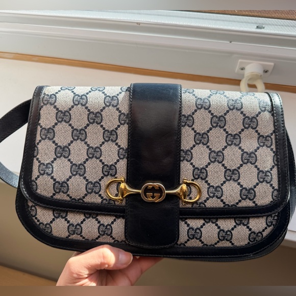 Gucci Handbags - Vintage Gucci Shoulder Bag w Horsebit detail Navy and Gold